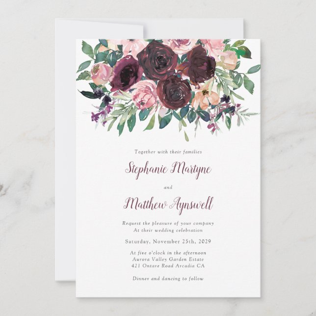 Invitation Automne Bourgogne Dusty Blush Peach Mariage botani (Devant)
