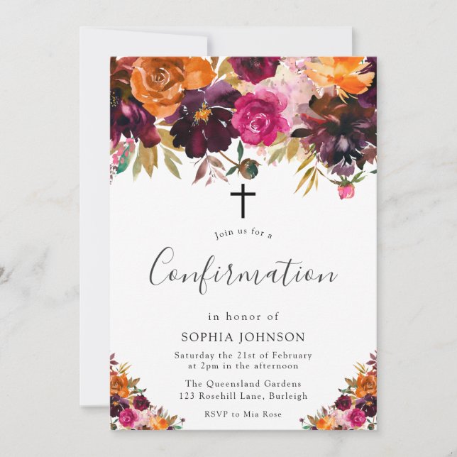 Invitation Automne Bourgogne Fleurs Chute Filles Confirmation (Devant)