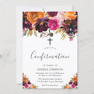 Invitation Automne Bourgogne Fleurs Chute Filles Confirmation