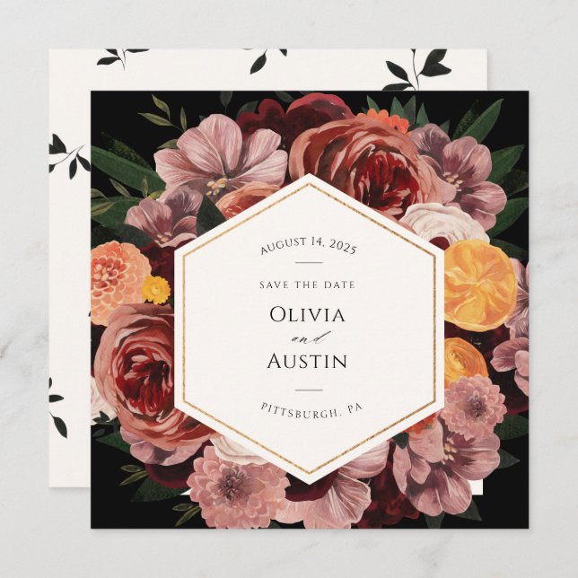 Invitation Automne Bourgogne Floral Enregistrer la date (Devant / Derrière)