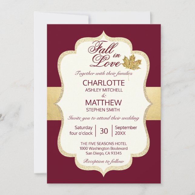Invitation Automne Bourgogne La chute d'or en amour Mariage (Devant)