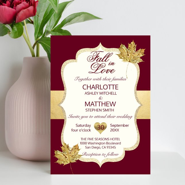Invitation Automne Bourgogne La chute d'or en amour Mariage (Créateur téléchargé)