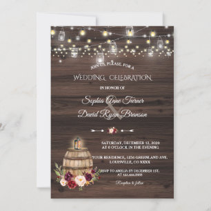 Invitation Automne Bourgogne Marsala Vin Baril Mariage Floral