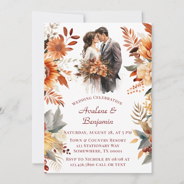 Invitation Automne Bourgogne Orange Floral Mariée et Mariage  (Devant)