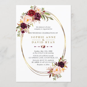 Invitation Automne Bourgogne Rouge Marsala Floral Mariage or