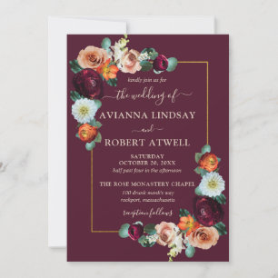 Invitation Automne Bourgogne Rouge Orange Bleu Mariage Floral