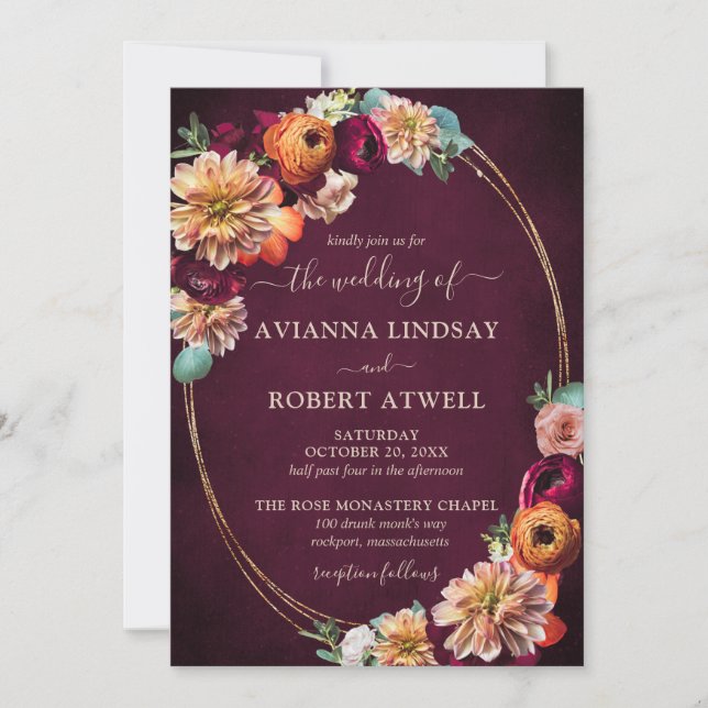 Invitation Automne Bourgogne Rouge Orange Blush Floral Mariag (Devant)