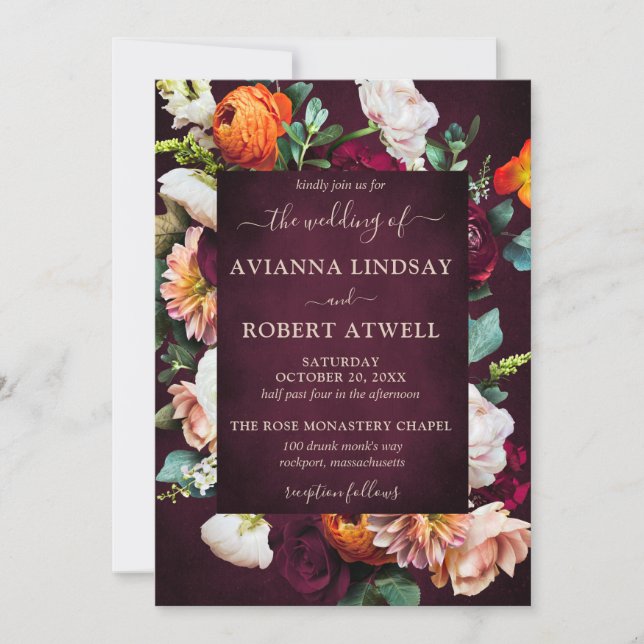 Invitation Automne Bourgogne Rouge Orange Blush Floral Mariag (Devant)