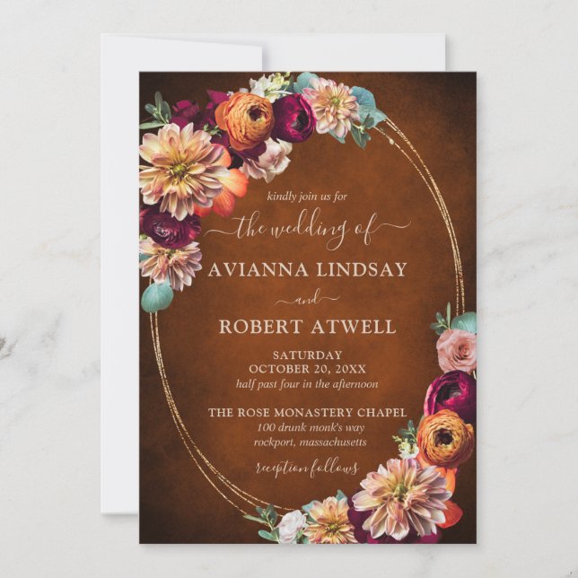 Invitation Automne Bourgogne Rouge Orange Blush Floral Mariag (Devant)