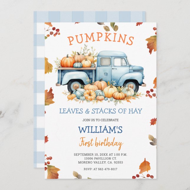Invitation Automne Boy Citrouille Dusty camion bleu anniversa (Devant / Derrière)