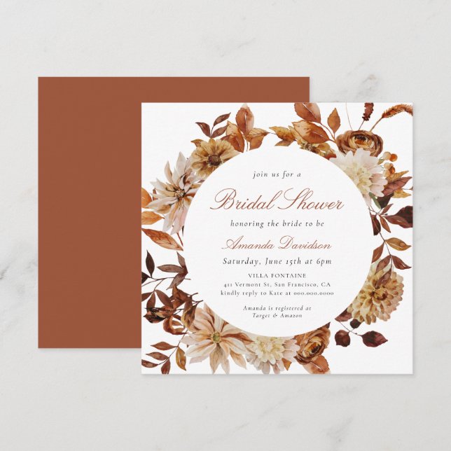 Invitation Automne Burange Orange Floral Boho Fête des mariée (Devant / Derrière)