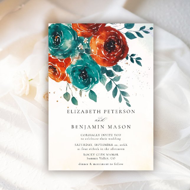 Invitation Automne Burnt Orange Rose Turquoise vert Mariage (fall wedding invitation teal burnt orange terracotta watercolor whimsical floral rustic barn)