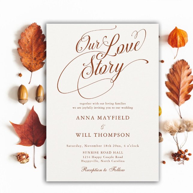 Invitation Automne Calligraphie romantique Notre histoire d'a (our love story romantic calligraphy wedding invitation terracotta elegant modern classic formal)