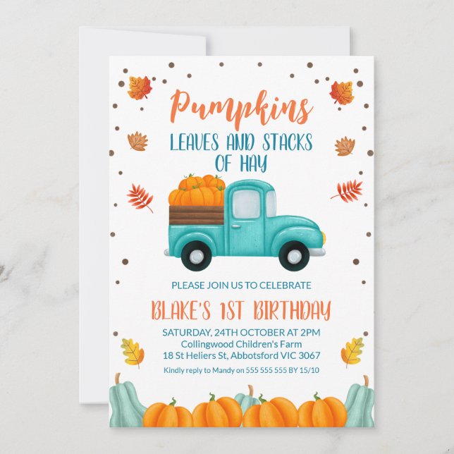Invitation Automne Camion bleu Orange Citrouille Boys Anniver (Devant)