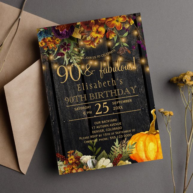 Invitation Automne chic floral rustique 90 fabuleuses années (Créateur téléchargé)