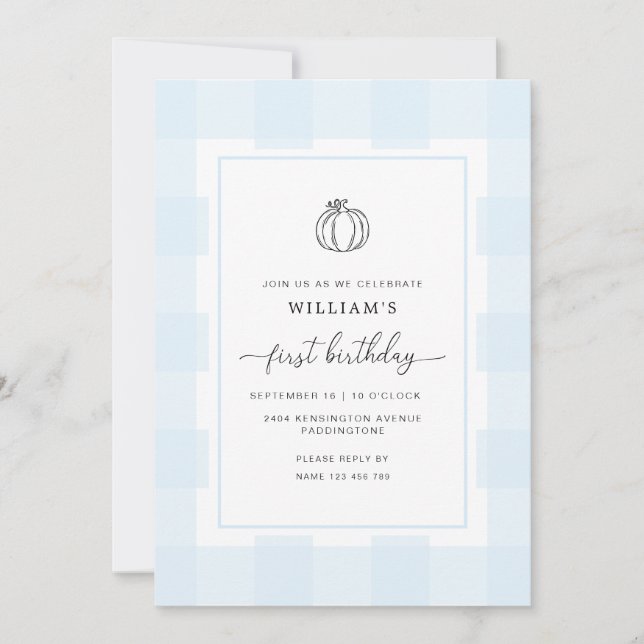 Invitation Automne Citrouille Bleu En vichy 1er anniversaire  (Devant)