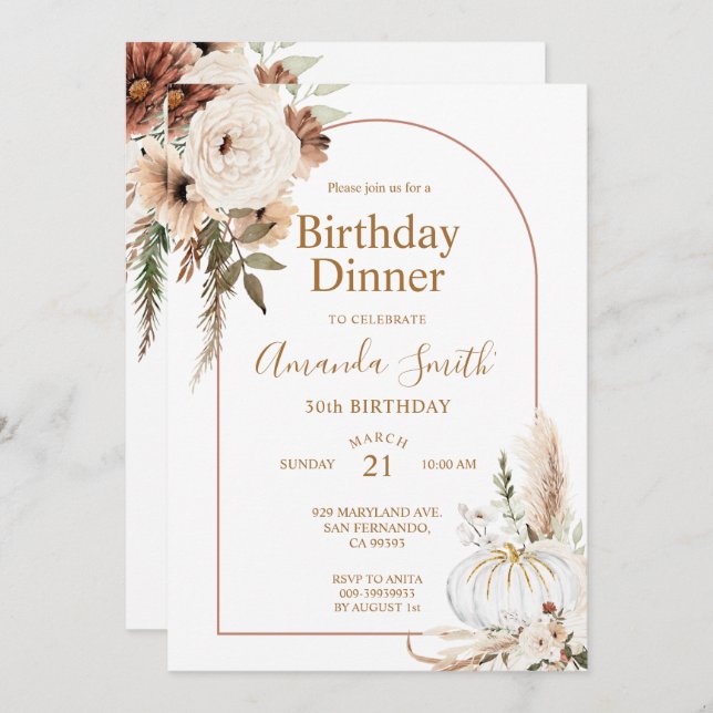 Invitation Automne Citrouille Boho Arch Floral Anniversaire 3 (Devant / Derrière)