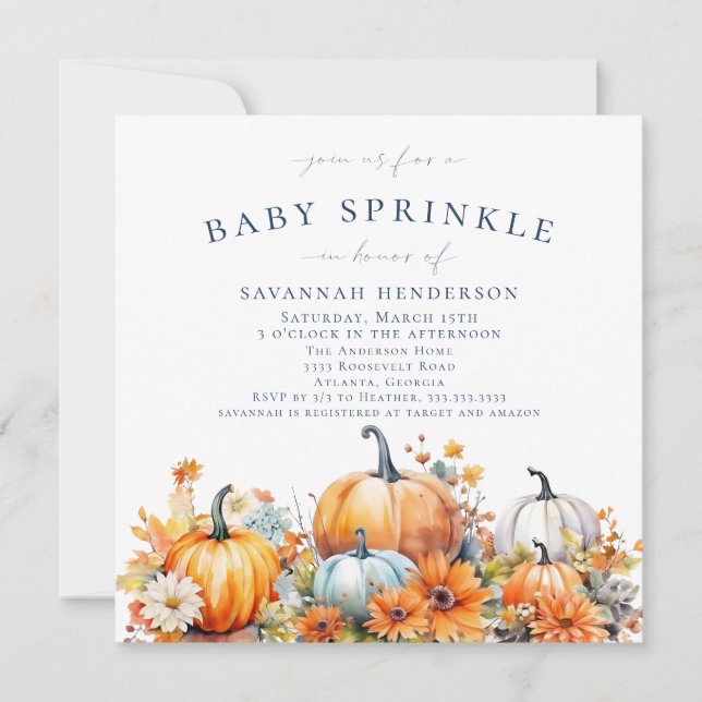 Invitation Automne Citrouille Floral Baby shower Saupoudrer (Devant)