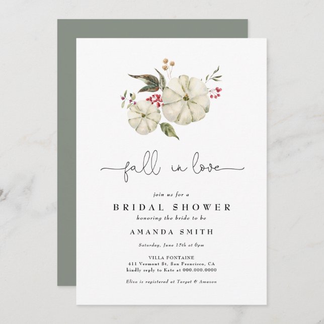 Invitation Automne Citrouille Floral Sage Fête des mariées ve (Devant / Derrière)