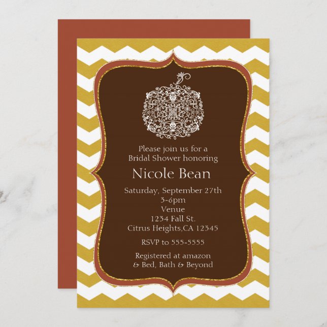 Invitation Automne Citrouille & Gold Chevron Elegant Invitati (Devant / Derrière)