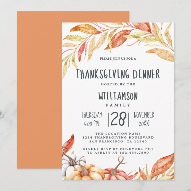 Invitation Automne Citrouille Golden Foliing Thanksgiving Dîn (Devant / Derrière)