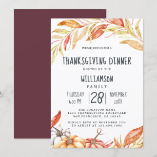 Invitation Automne Citrouille Golden Foliing Thanksgiving Dîn