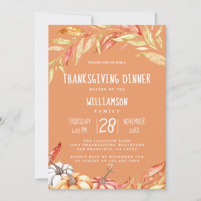 Invitation Automne Citrouille Golden Foliing Thanksgiving Dîn (Devant)
