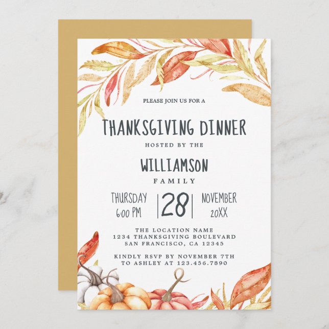Invitation Automne Citrouille Golden Foliing Thanksgiving Dîn (Devant / Derrière)