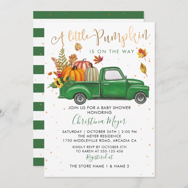 Invitation Automne Citrouille Green Truck Baby shower d'autom (Devant / Derrière)