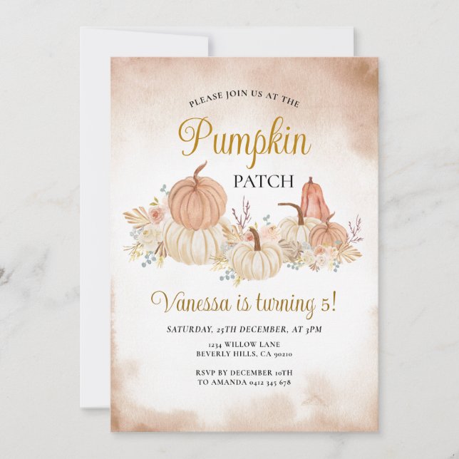 Invitation Automne Citrouille Patch Anniversaire Boho Floral  (Devant)
