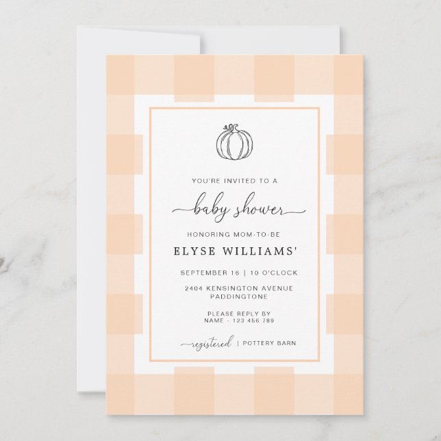 Invitation Automne Citrouille Peach En vichy Baby shower Invi (Devant)