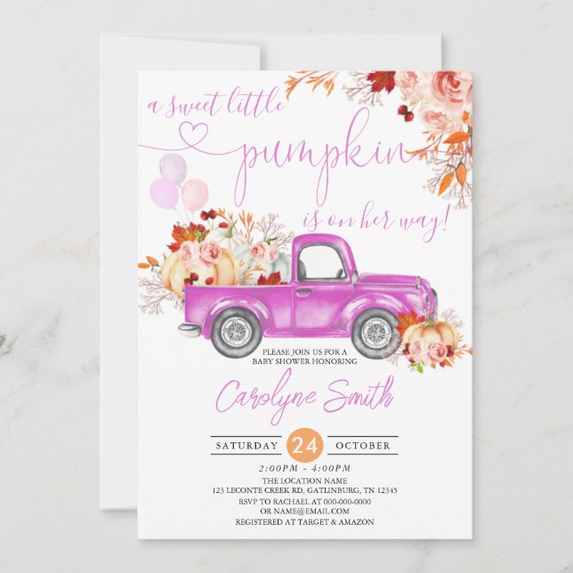 Invitation Automne Citrouille Pink Truck Baby shower fille (Devant)