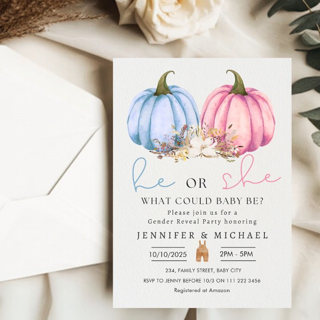 Invitation Automne Citrouille rose bleu Sexe Revevela Party (Fall Blue Pink Pumpkin Gender Reveal Party Invitation)