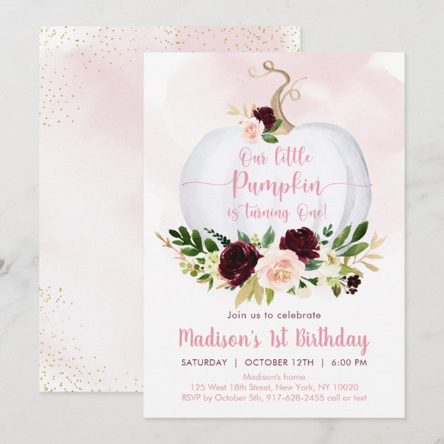 Invitation Automne Citrouille rose Bourgogne Or premier anniv (Devant / Derrière)