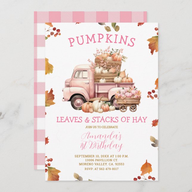 Invitation Automne Citrouille rose Camion fille 1er anniversa (Devant / Derrière)