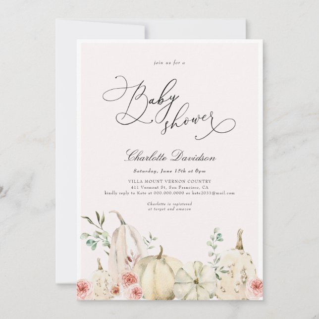 Invitation Automne Citrouille rose douce fille Baby shower (Devant)