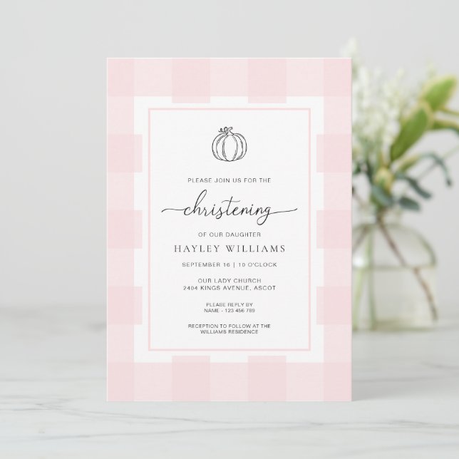 Invitation Automne Citrouille rose En vichy Christening Invit (Debout devant)