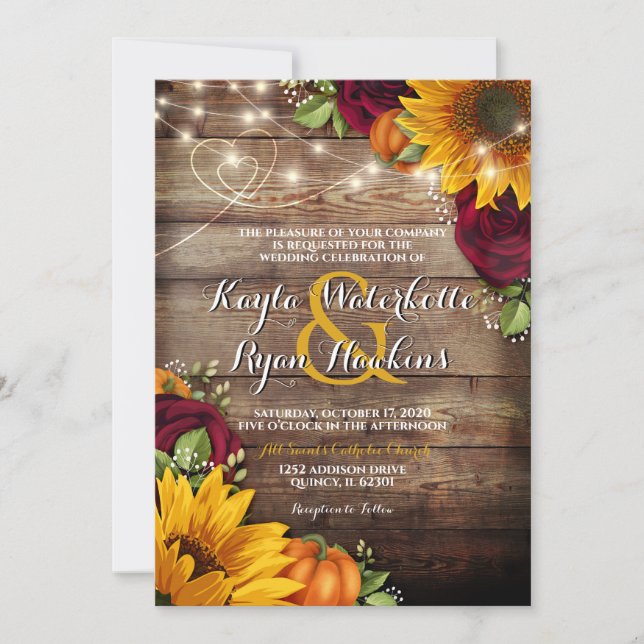 Invitation Automne Citrouille Rose Rustic Wood Lights Invitat (Devant)