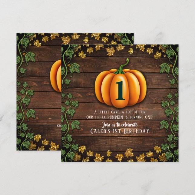 Invitation Automne Citrouille Rustique Vert et Or Lierre Anni (Devant / Derrière)