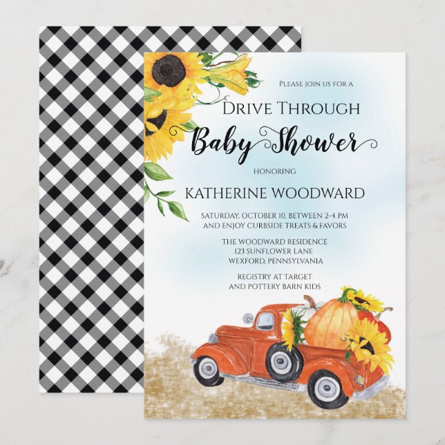 Invitation Automne Citrouille Truck Drive Via Baby shower Inv (Devant / Derrière)