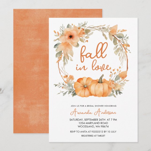 Invitation Automne dans Love Rustic Orange Citrouille Fête de (Devant / Derrière)
