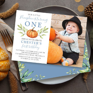 Invitation Automne Dusty Blue Citrouille 1er anniversaire Pho