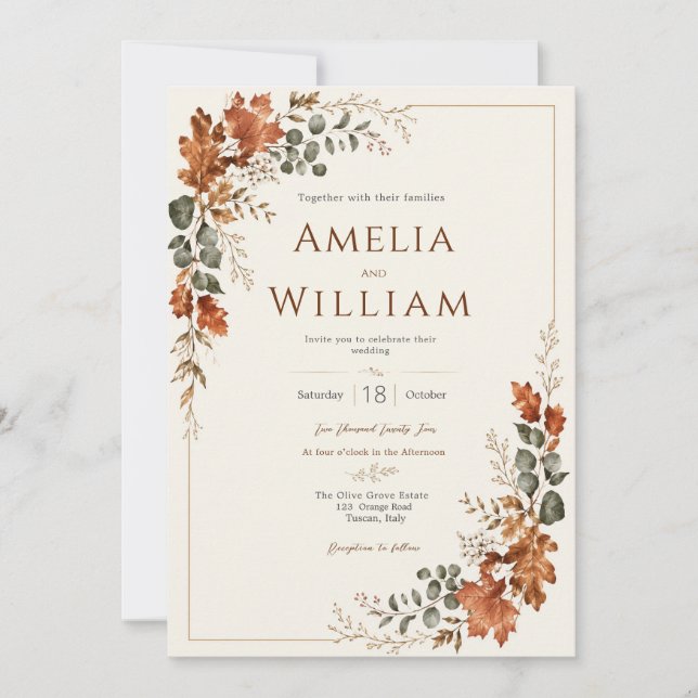 Invitation Automne Élégant Feuille Rustique Mariage Intempore (Devant)