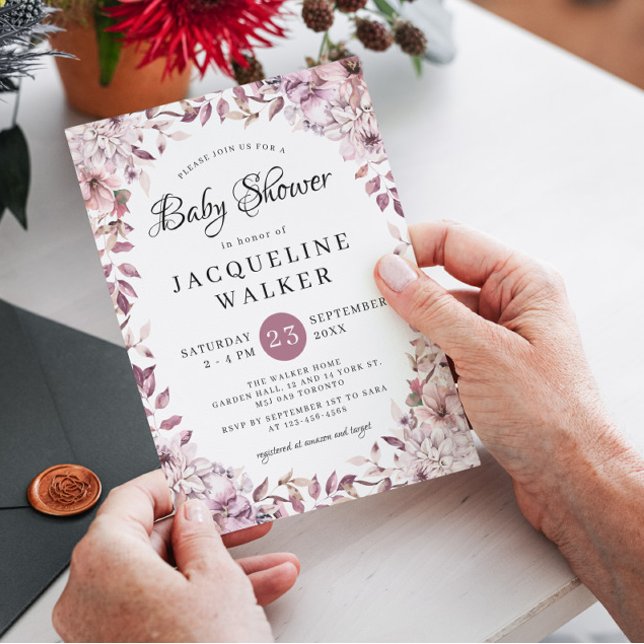 Invitation Automne Elégant Fleurs violettes Baby shower de fe (Créateur téléchargé)