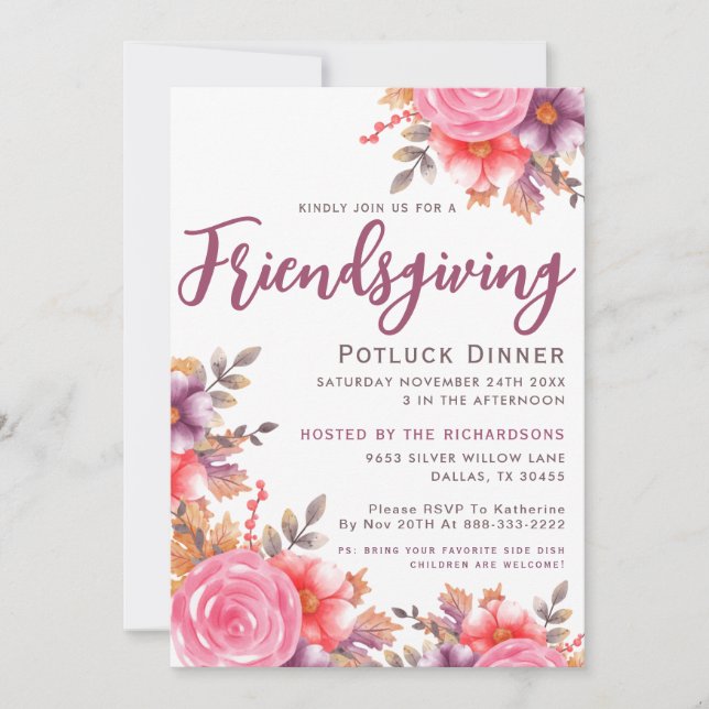 Invitation Automne Élégant Floral Friendsgiving Potluck Dîner (Devant)