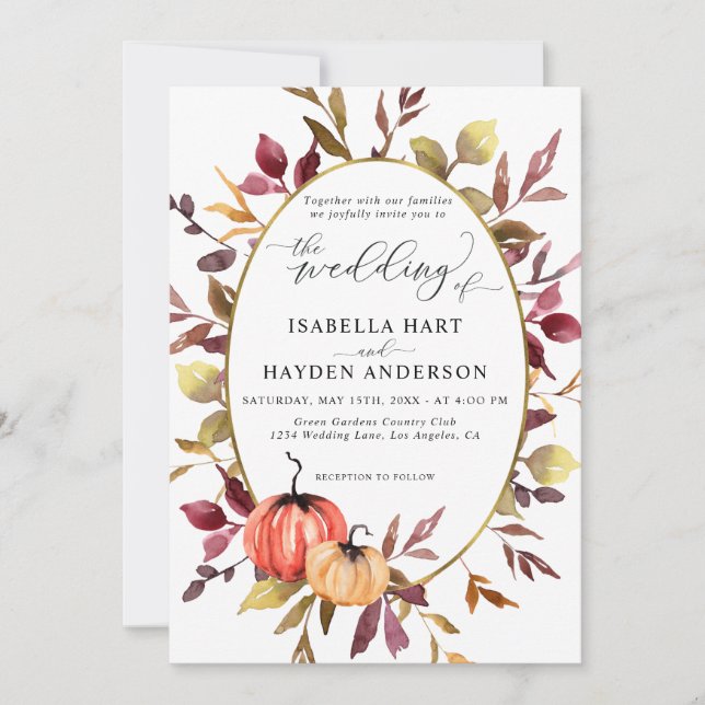 Invitation Automne Elegant Foliage Citrouille Gold Foil Maria (Devant)