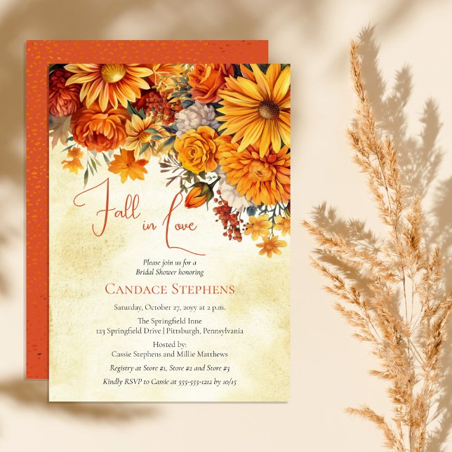 Invitation automne en amour Automne Floral Bouquets Fête des  (Fall in love with autumn's beauty. A bridal shower template featuring exquisite florals in warm hues)