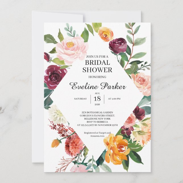 Invitation Automne et automne Blush Bourgogne Orange fleurs (Devant)