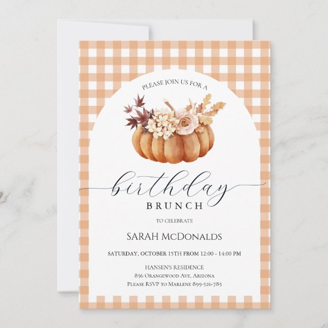 Invitation Automne Femme Citrouille Anniversaire Brunch Plaid (Devant)