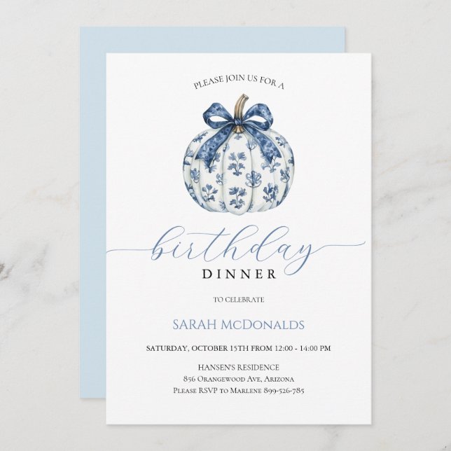 Invitation Automne Femme Citrouille Anniversaire Dîner Invita (Devant / Derrière)